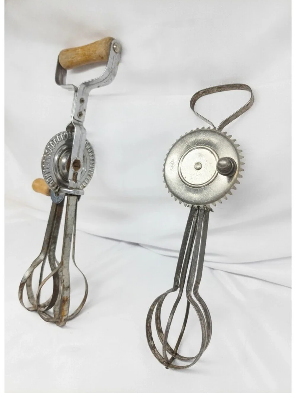 2 Vintage A&J Hand Crank Egg Beaters - 1923 & 1940s Steel & Wood Kitchen Tools